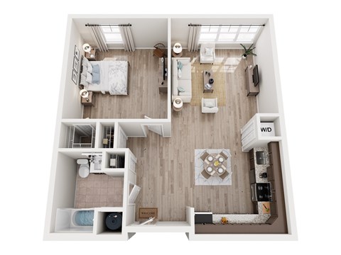 Floor plan for 1 bed, 1 bath, 855 sqft